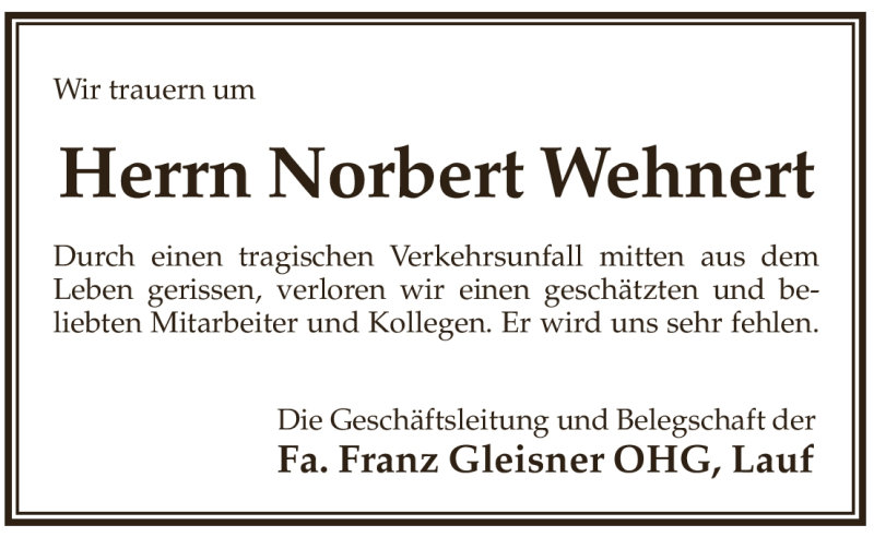  Traueranzeige für Norbert Wehnert vom 25.01.2012 aus Pegnitz-Zeitung